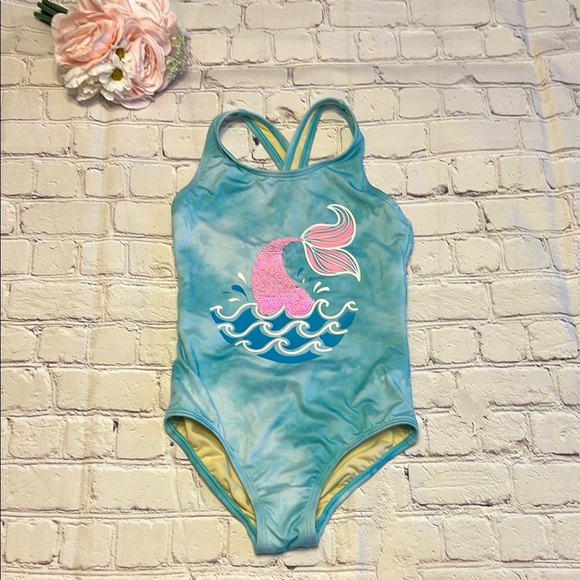 🌸 Lands’ End Mermaid Tail Sequined Swimsuit - Picture 1 of 5